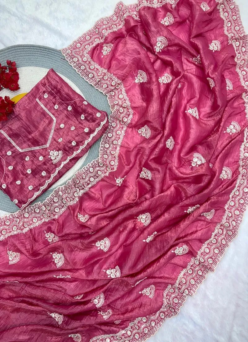 Pink Pure Soft gold crush cotton thread embroidery with sequence work Designer Saree Hivraa0001 - Image 3