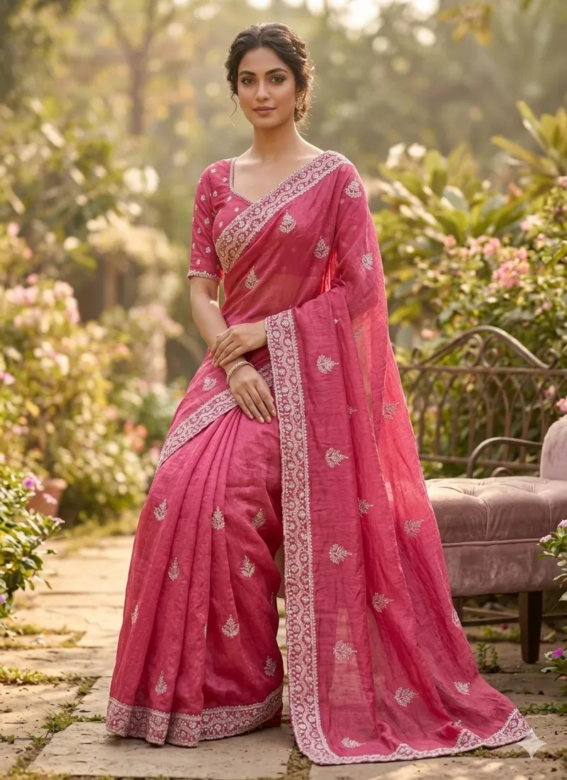 Pink Pure Soft gold crush cotton thread embroidery with sequence work Designer Saree Hivraa0001 - Image 5