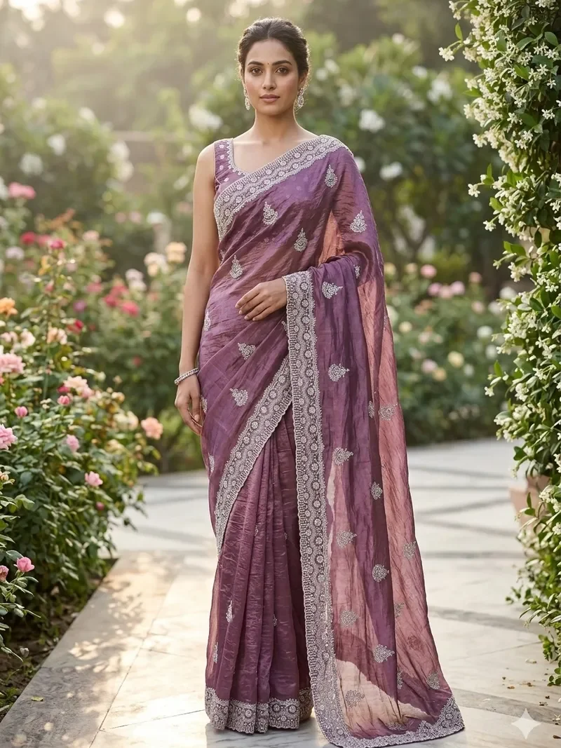 Purple gold crush cotton saree with thread embroidery and sequence work for festive wear