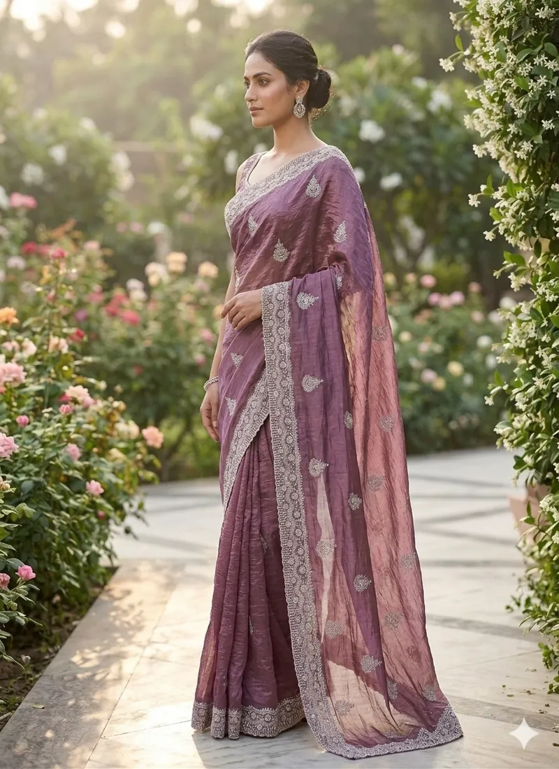 Purple Pure Soft gold crush cotton thread embroidery with sequence work Designer Saree (Hivraa0002) - Image 6