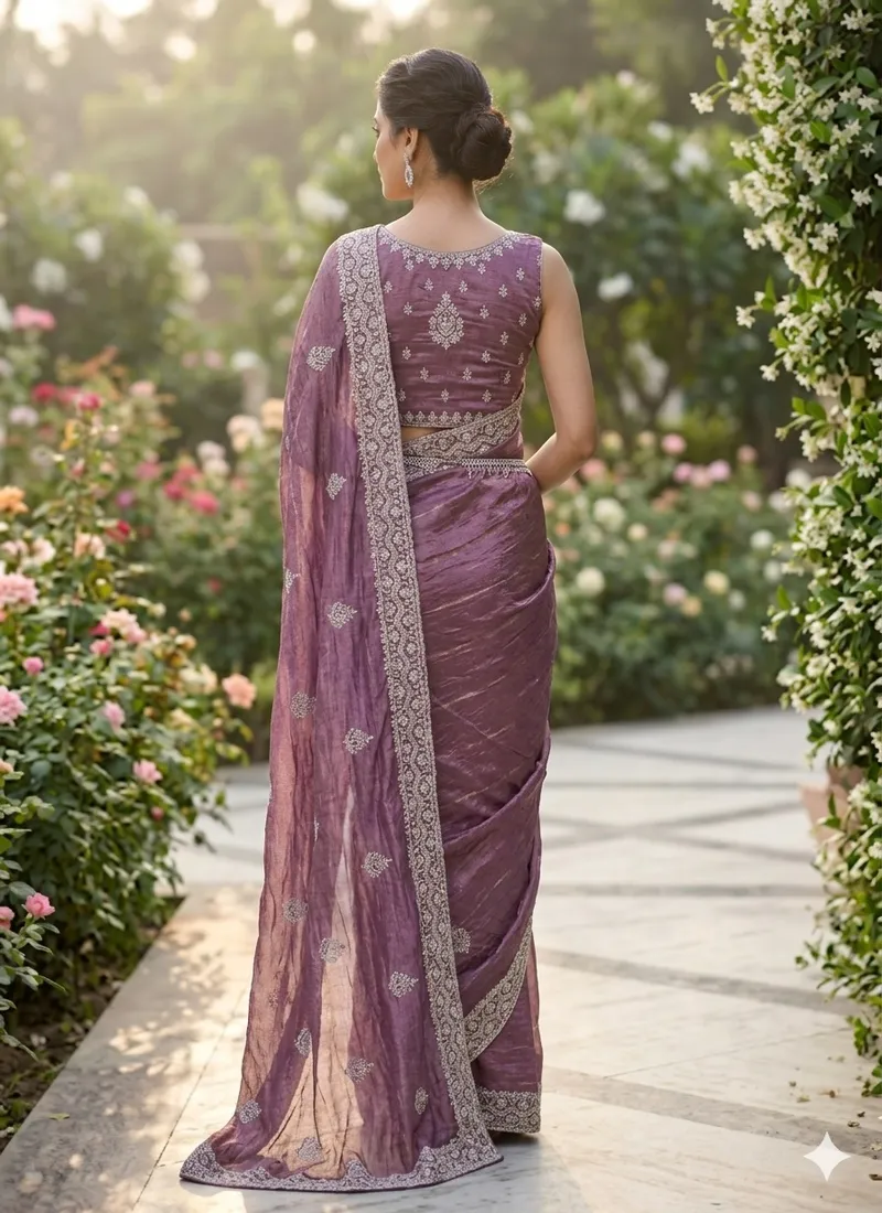 Purple Pure Soft gold crush cotton thread embroidery with sequence work Designer Saree (Hivraa0002) - Image 2