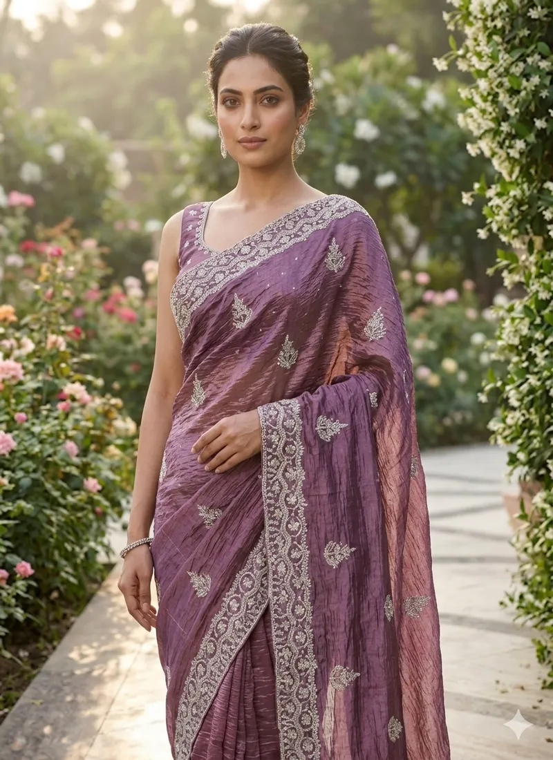 Purple Pure Soft gold crush cotton thread embroidery with sequence work Designer Saree (Hivraa0002) - Image 3