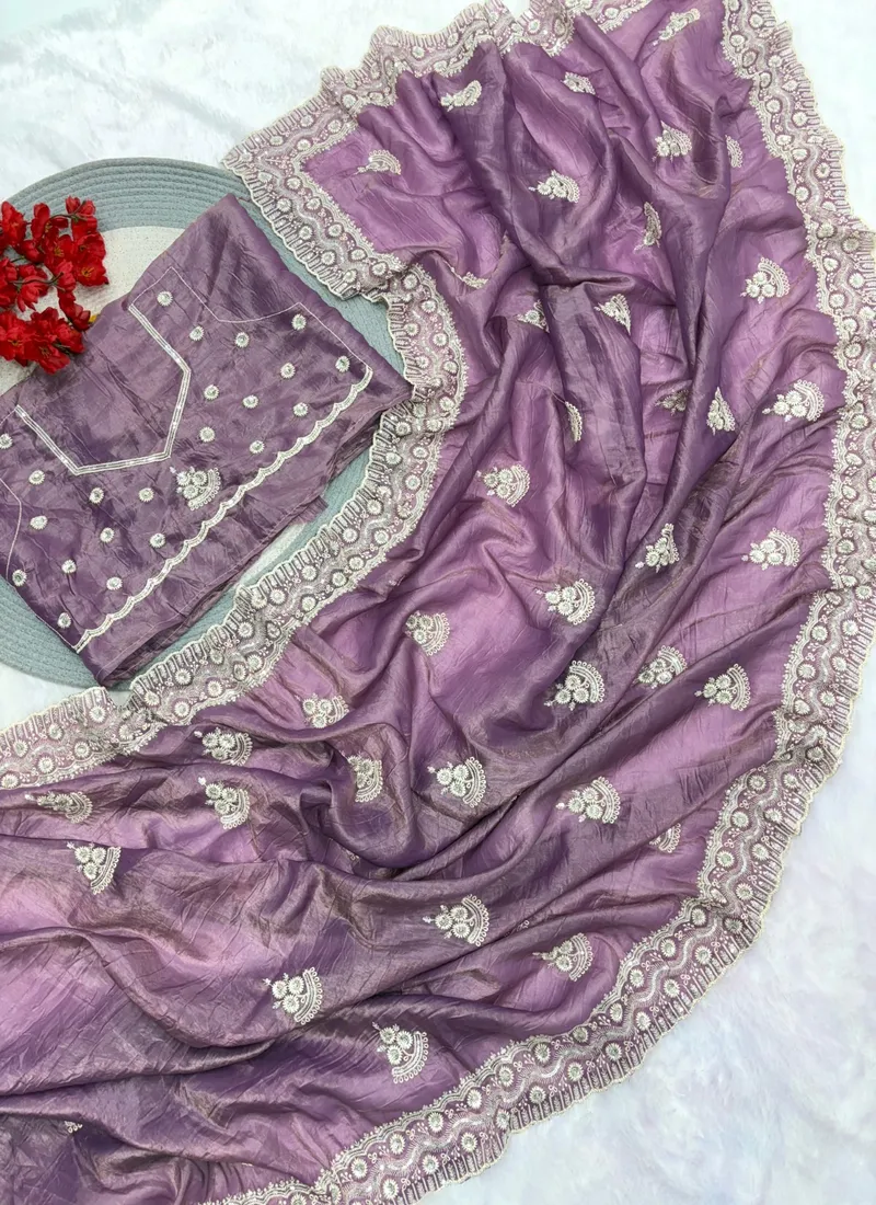 Purple Pure Soft gold crush cotton thread embroidery with sequence work Designer Saree (Hivraa0002) - Image 4