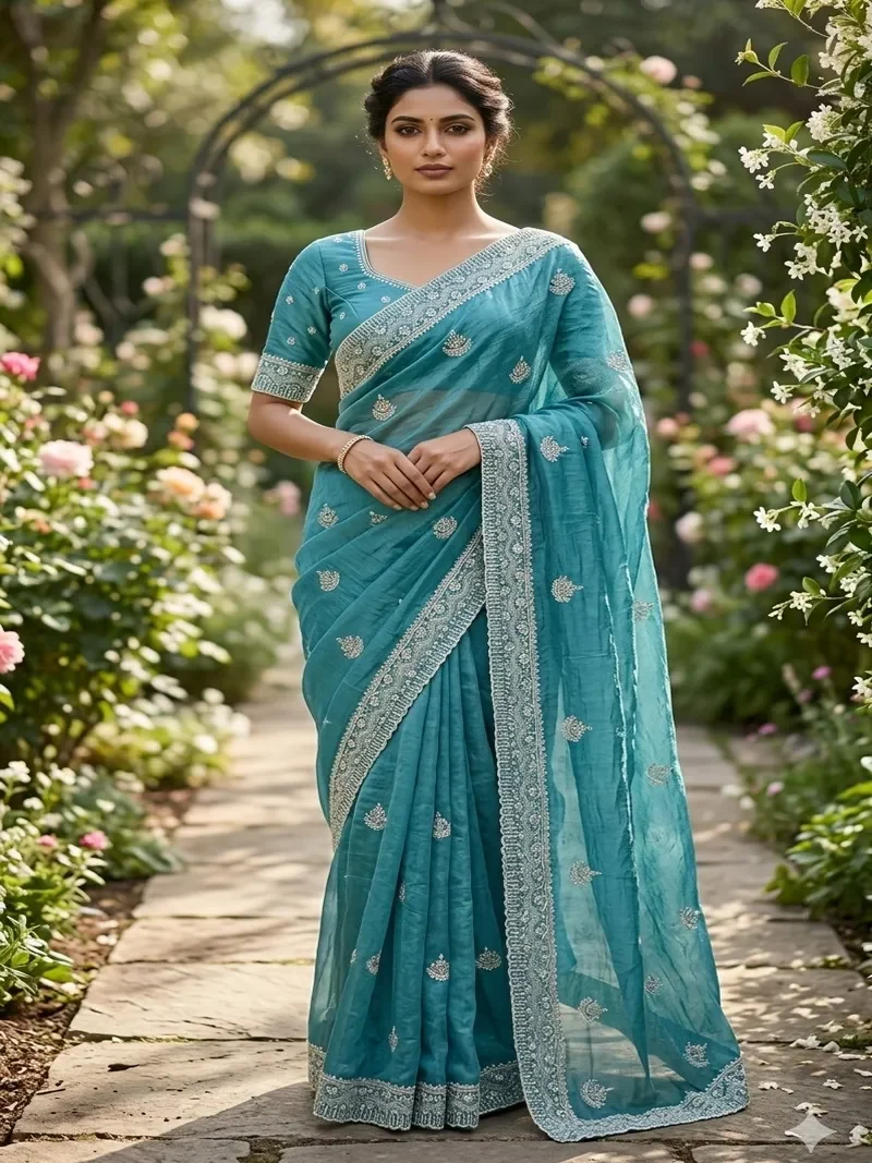 Rama green cotton saree with thread embroidery and sequence work for mehendi function India
