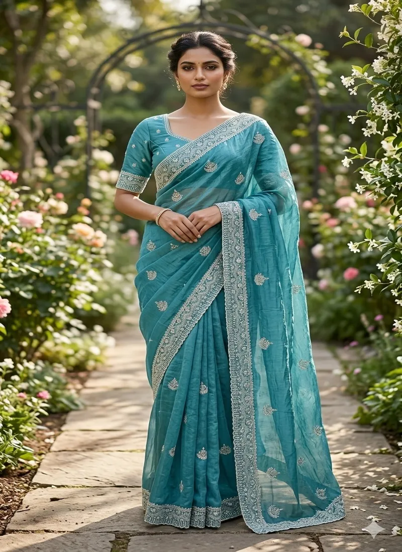 Rama green cotton saree with thread embroidery and sequence work for mehendi function India