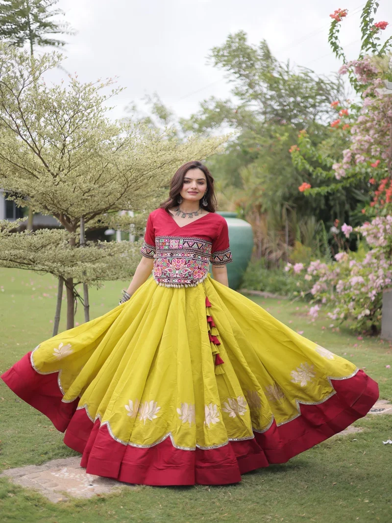 Red & Yellow Roman Silk Lotus flower Gota & Mirror Lace work Navratri Lehenga Choli for Women - 111