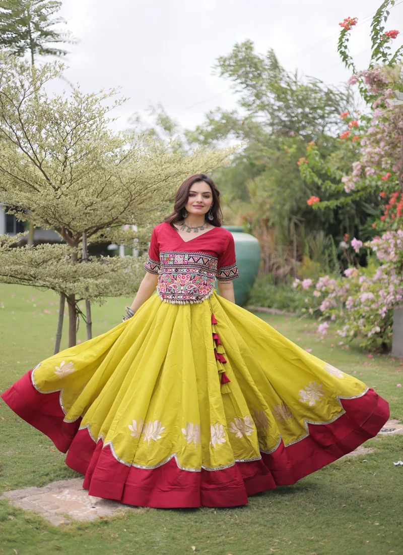 Red & Yellow Roman Silk Lotus flower Gota & Mirror Lace work Navratri Lehenga Choli for Women - 111