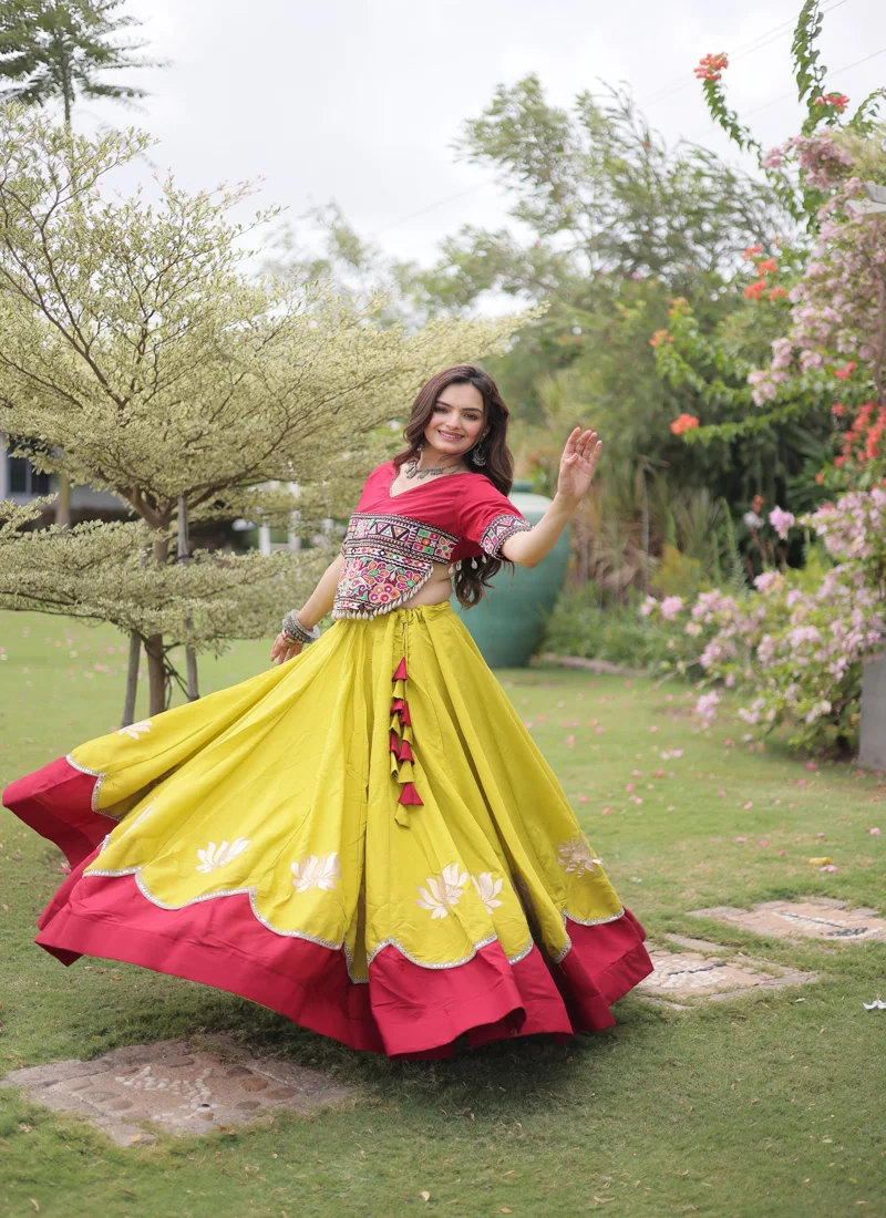Red & Yellow Roman Silk Lotus flower Gota & Mirror Lace work Navratri Lehenga Choli for Women - 111
