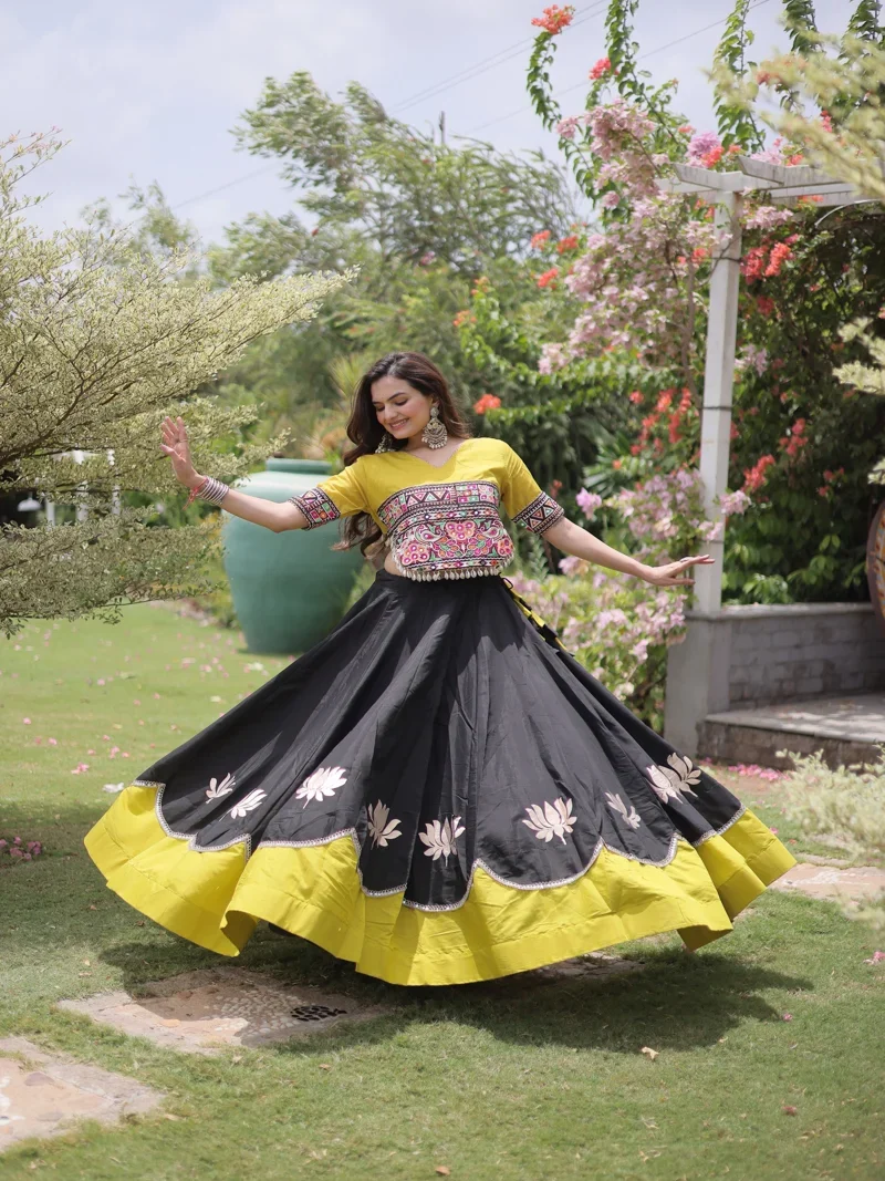 Black Roman Silk Lotus flower Gota & Mirror Lace work Navratri Lehenga Choli for Women - 112