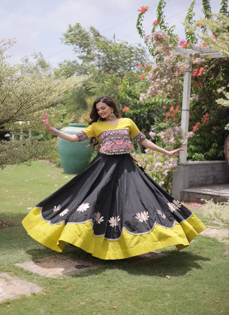 Black Roman Silk Lotus flower Gota & Mirror Lace work Navratri Lehenga Choli for Women - 112