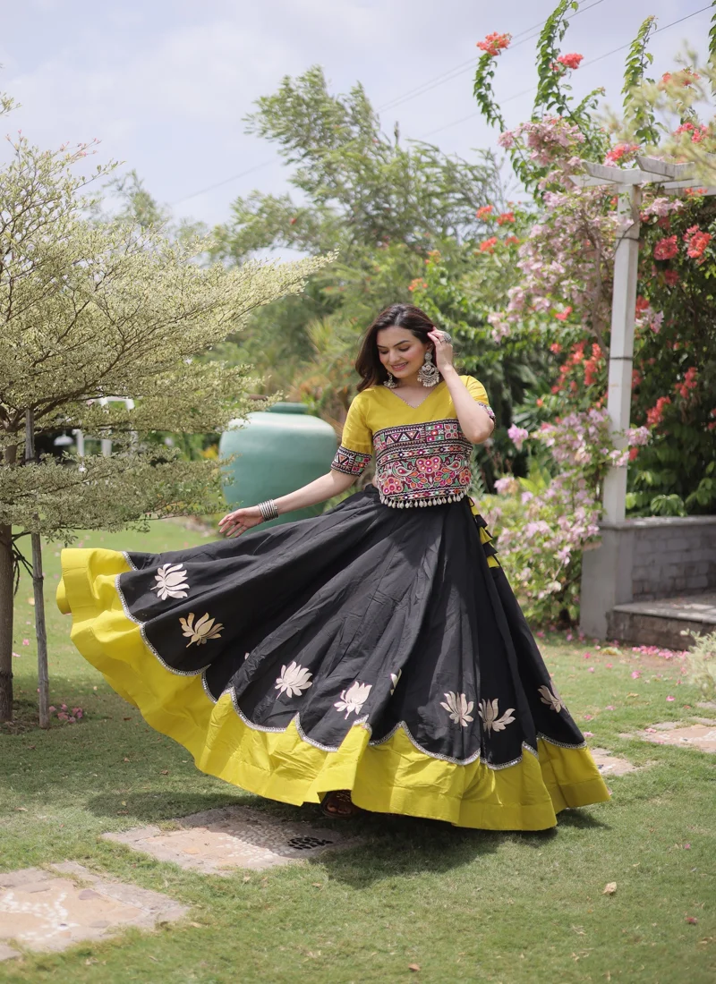 Black Roman Silk Lotus flower Gota & Mirror Lace work Navratri Lehenga Choli for Women - 112