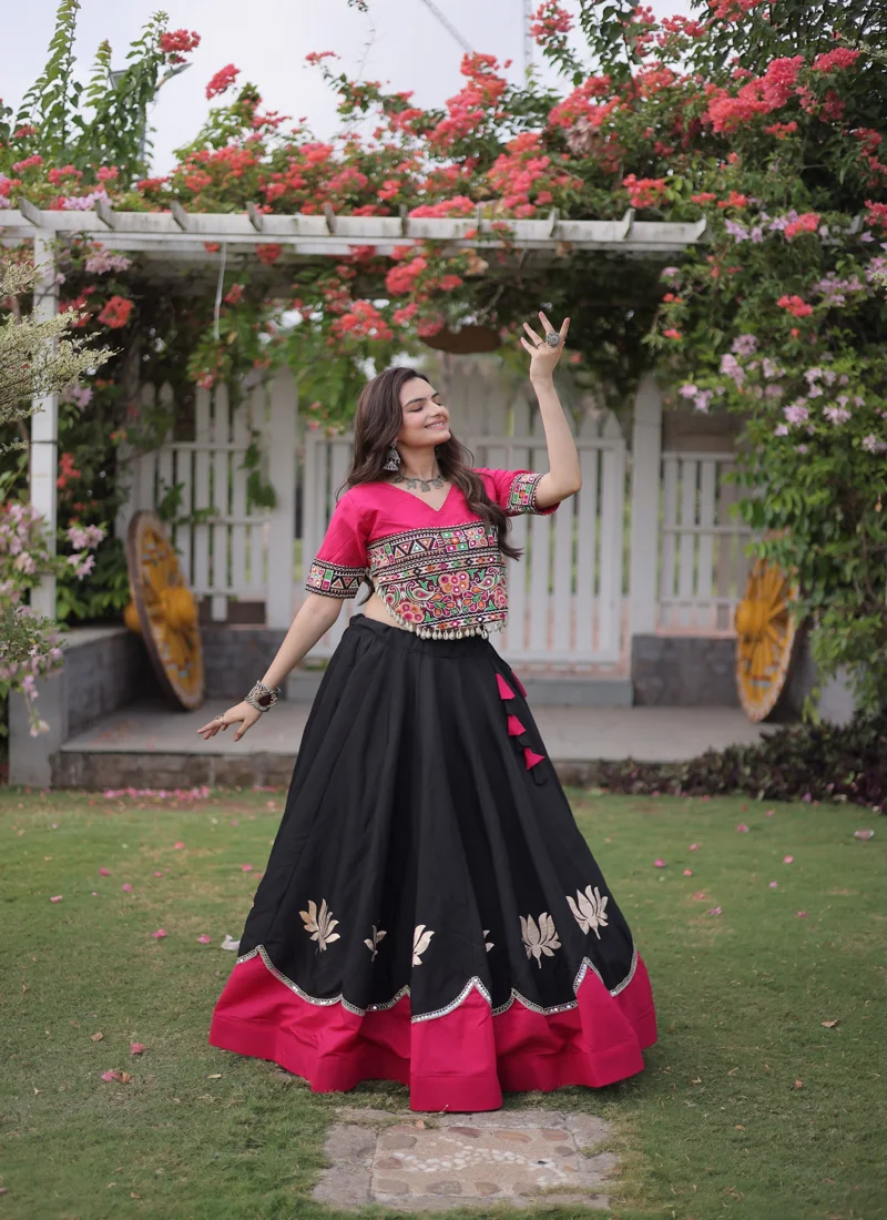 Black & Pink Roman Silk Lotus flower Gota & Mirror Lace work Navratri Lehenga Choli for Women - 113