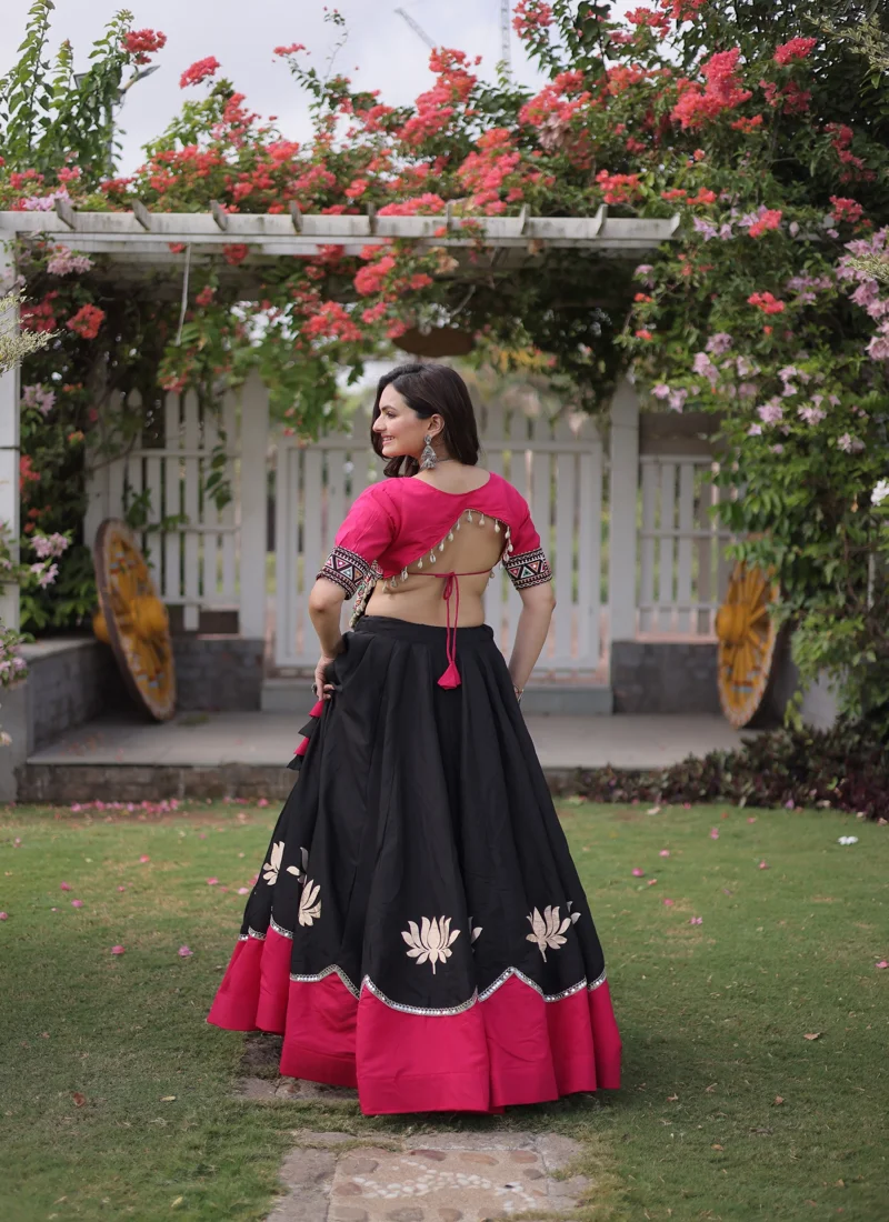 Black & Pink Roman Silk Lotus flower Gota & Mirror Lace work Navratri Lehenga Choli for Women - 113
