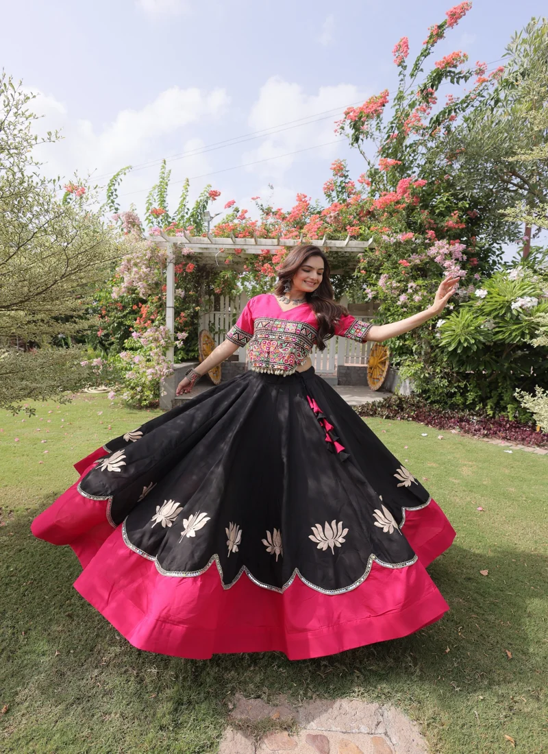 Black & Pink Roman Silk Lotus flower Gota & Mirror Lace work Navratri Lehenga Choli for Women - 113