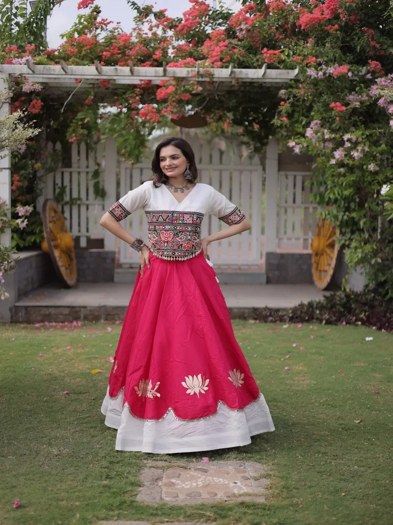 Red & White Roman Silk Lotus flower Gota & Mirror Lace work Navratri Lehenga Choli for Women - 114