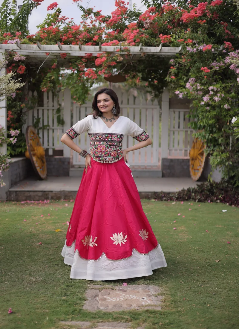 Red & White Roman Silk Lotus flower Gota & Mirror Lace work Navratri Lehenga Choli for Women - 114