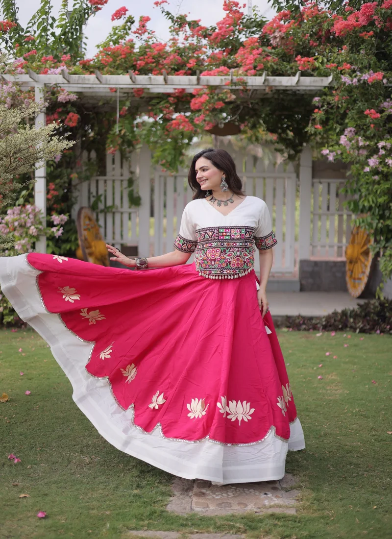 Red & White Roman Silk Lotus flower Gota & Mirror Lace work Navratri Lehenga Choli for Women - 114