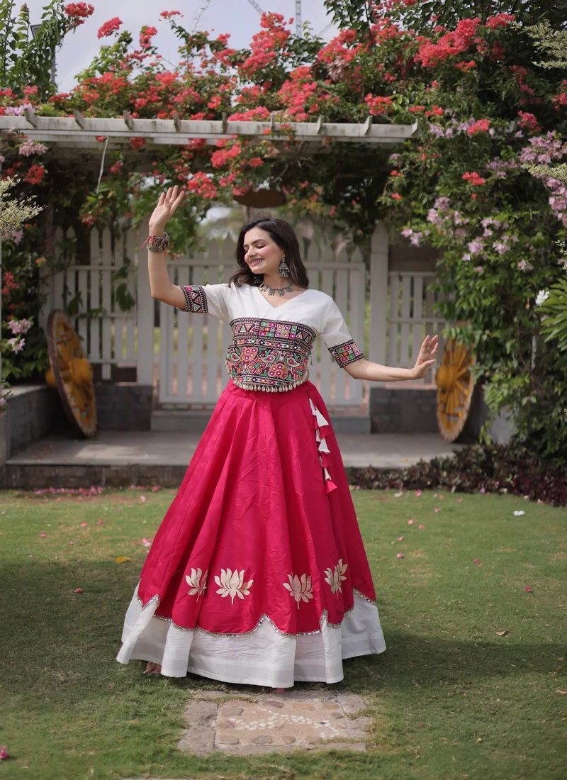Red & White Roman Silk Lotus flower Gota & Mirror Lace work Navratri Lehenga Choli for Women - 114