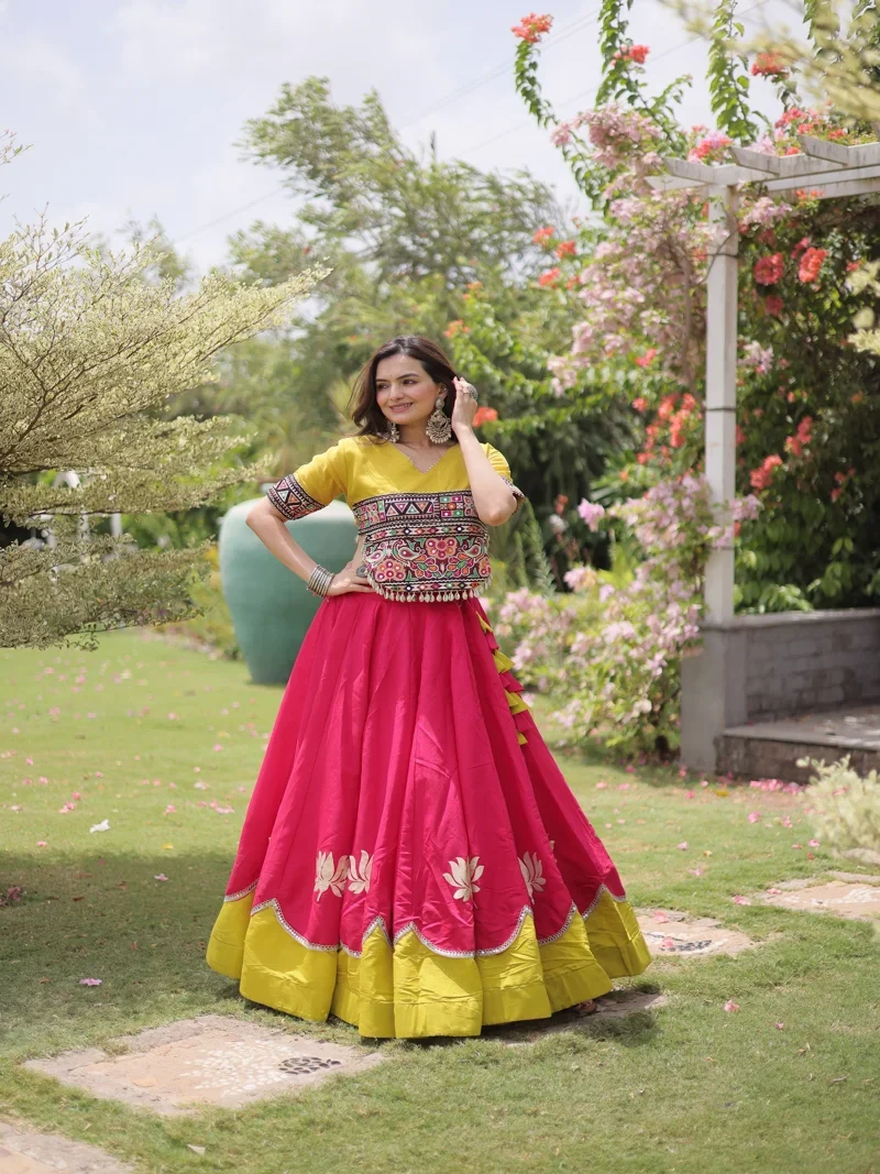 Dark Pink Roman Silk Lotus flower Gota & Mirror Lace work Navratri Lehenga Choli for Women - 115
