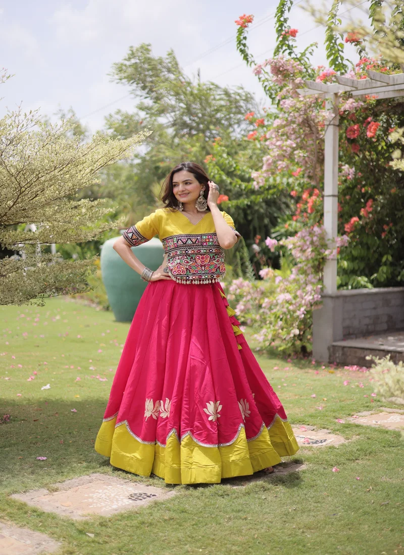 Dark Pink Roman Silk Lotus flower Gota & Mirror Lace work Navratri Lehenga Choli for Women - 115