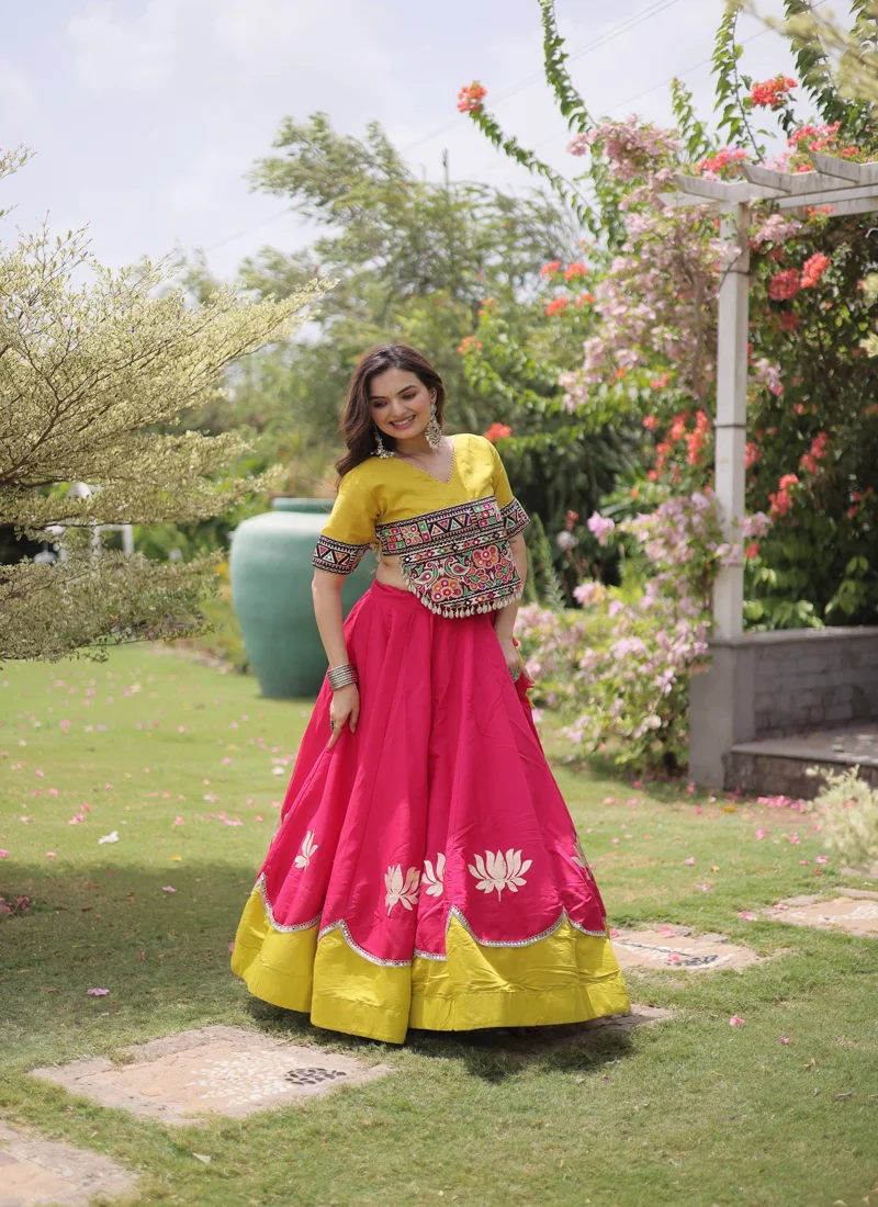 Dark Pink Roman Silk Lotus flower Gota & Mirror Lace work Navratri Lehenga Choli for Women - 115