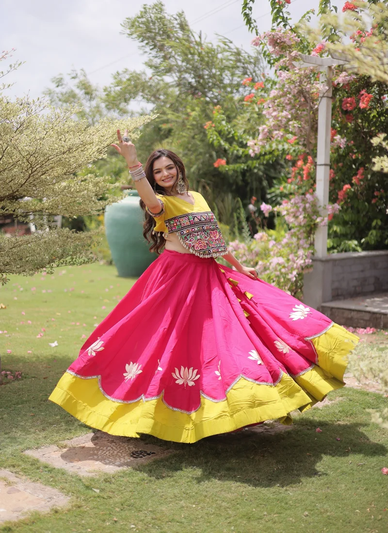 Dark Pink Roman Silk Lotus flower Gota & Mirror Lace work Navratri Lehenga Choli for Women - 115