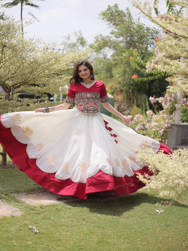 White And Pink Roman Silk Lotus flower Gota & Mirror Lace work Navratri Lehenga Choli for Women - 116