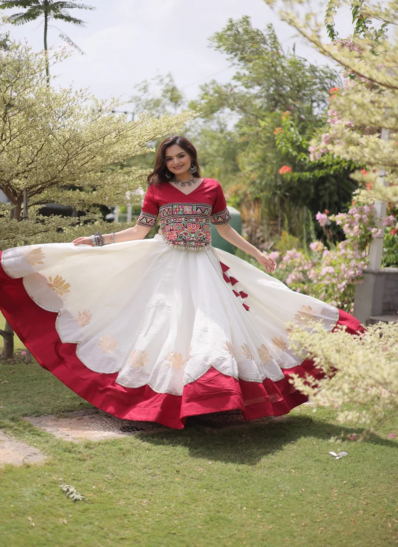 White And Pink Roman Silk Lotus flower Gota & Mirror Lace work Navratri Lehenga Choli for Women - 116