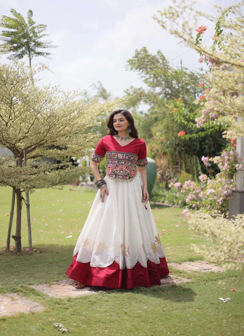 White And Pink Roman Silk Lotus flower Gota & Mirror Lace work Navratri Lehenga Choli for Women - 116