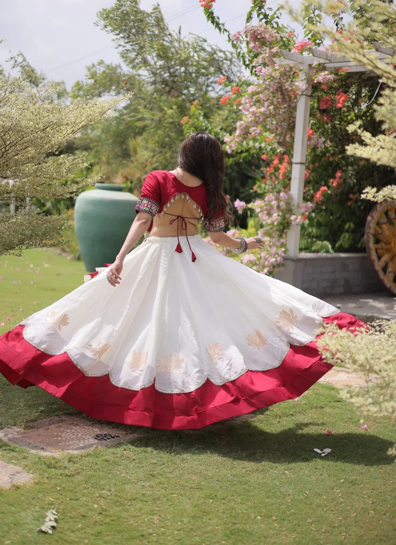 White And Pink Roman Silk Lotus flower Gota & Mirror Lace work Navratri Lehenga Choli for Women - 116