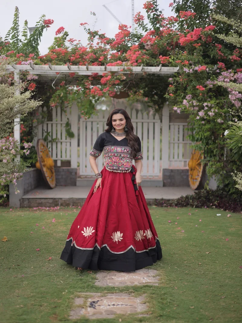 Red & Black Roman Silk Lotus flower Gota & Mirror Lace work Navratri Lehenga Choli for Women - 117