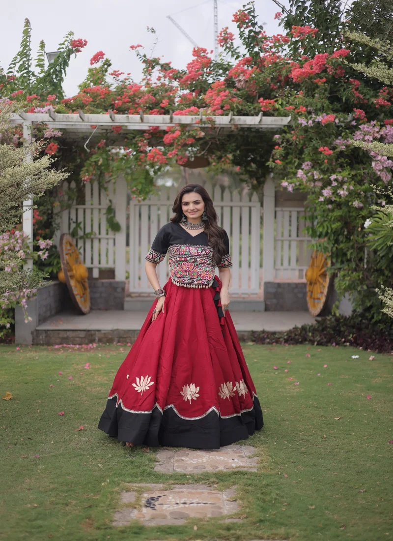 Red & Black Roman Silk Lotus flower Gota & Mirror Lace work Navratri Lehenga Choli for Women - 117