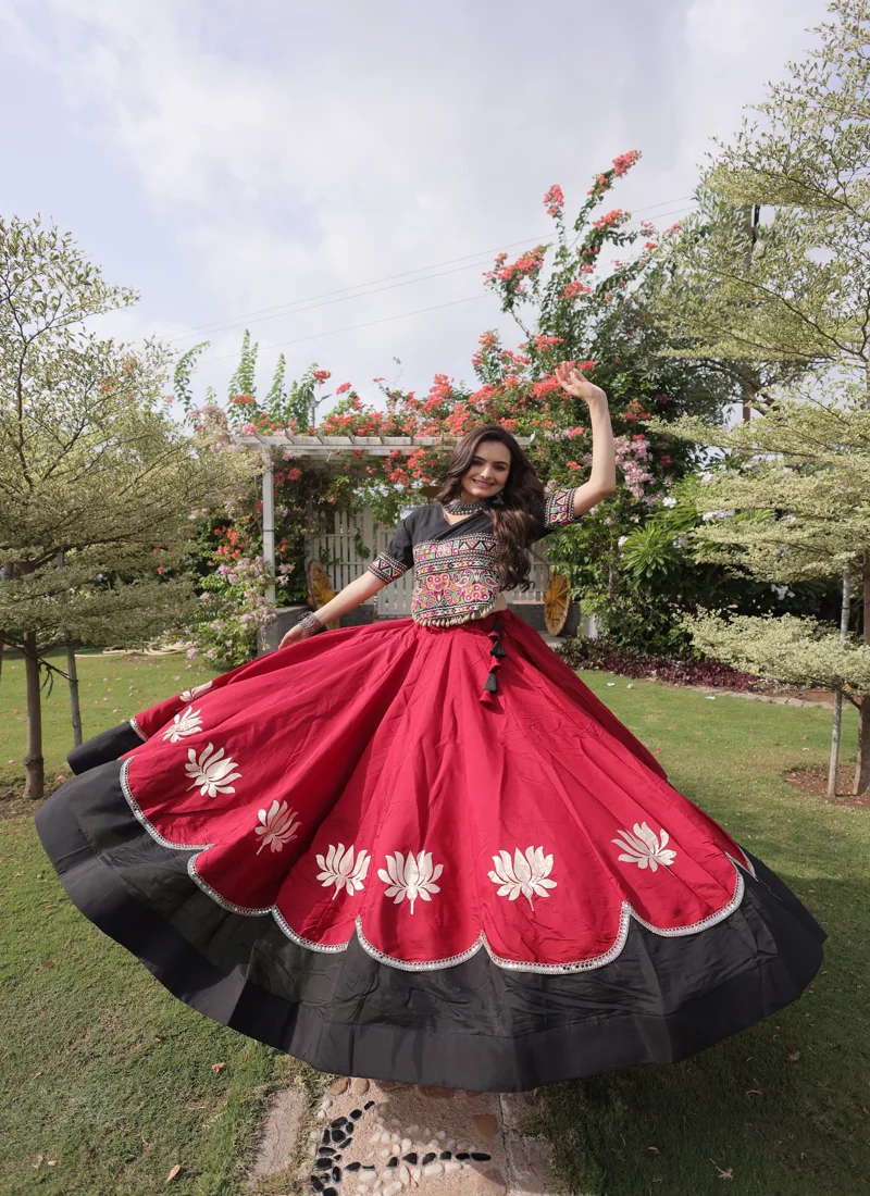 Red & Black Roman Silk Lotus flower Gota & Mirror Lace work Navratri Lehenga Choli for Women - 117