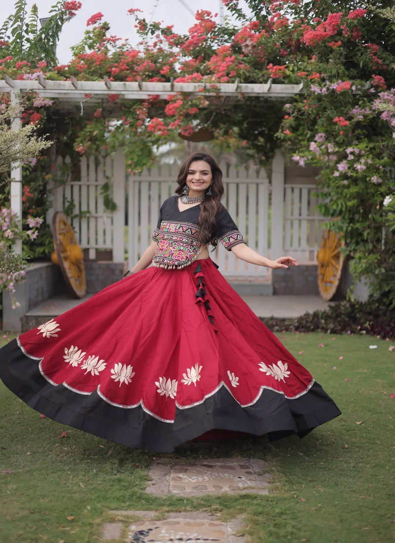 Red & Black Roman Silk Lotus flower Gota & Mirror Lace work Navratri Lehenga Choli for Women - 117