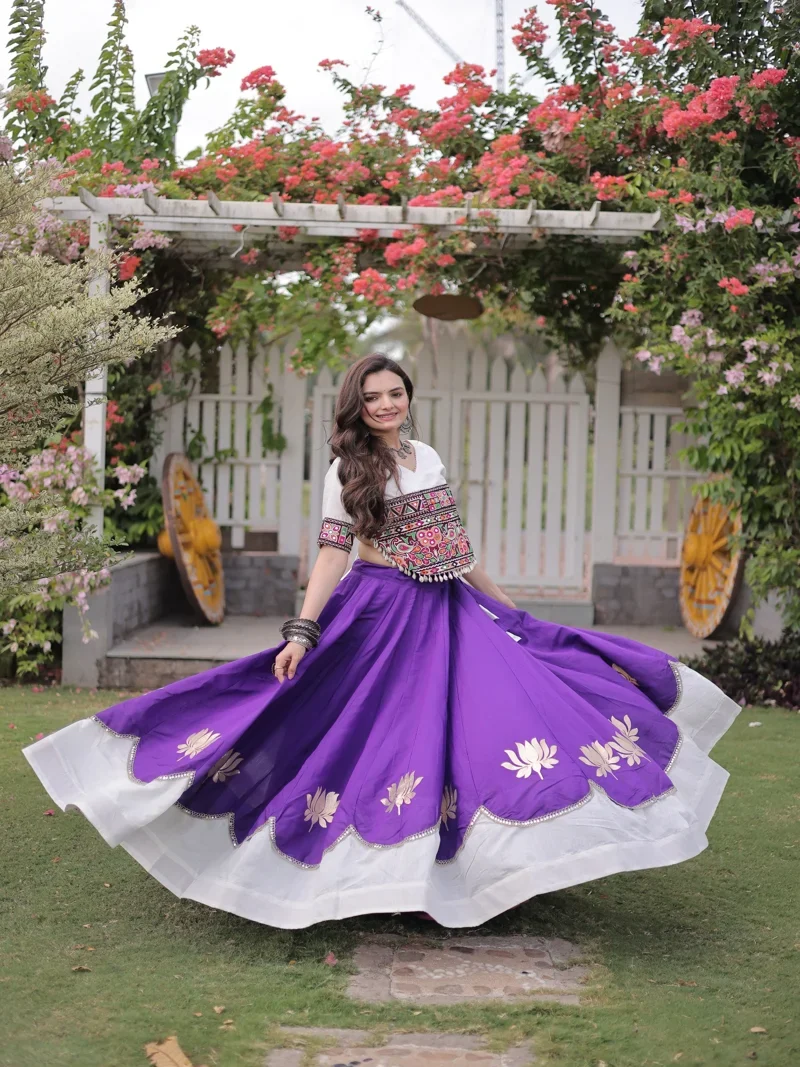 Violet Roman Silk Lotus flower Gota & Mirror Lace work Navratri Lehenga Choli for Women - 118