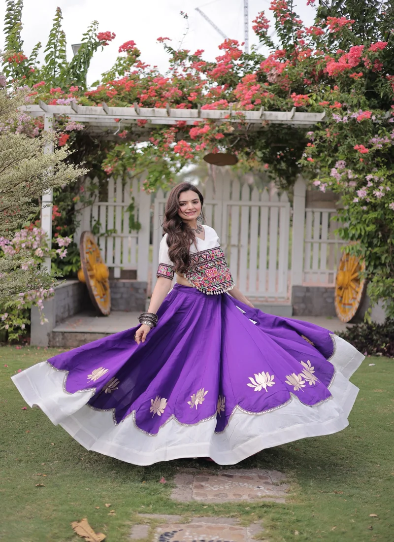 Violet Roman Silk Lotus flower Gota & Mirror Lace work Navratri Lehenga Choli for Women - 118