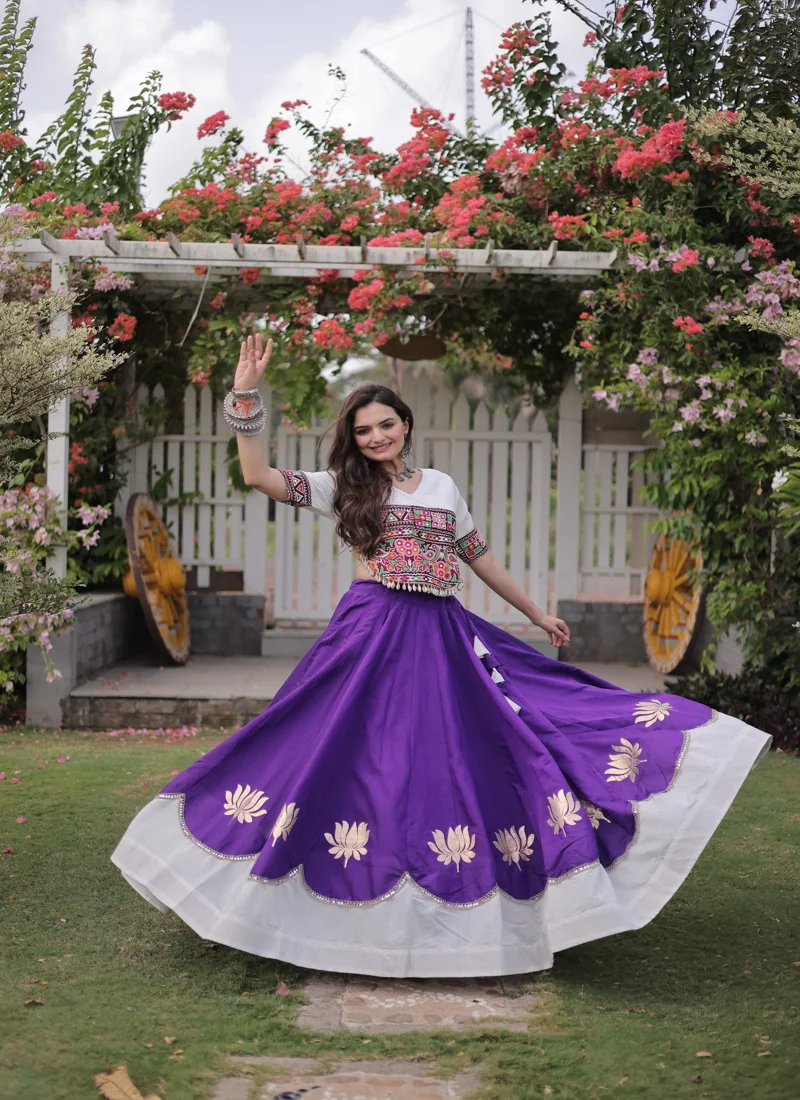 Violet Roman Silk Lotus flower Gota & Mirror Lace work Navratri Lehenga Choli for Women - 118