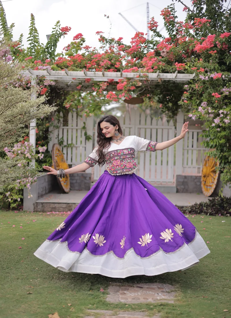 Violet Roman Silk Lotus flower Gota & Mirror Lace work Navratri Lehenga Choli for Women - 118
