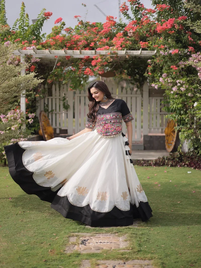 White & Black Roman Silk Lotus flower Gota & Mirror Lace work Navratri Lehenga Choli for Women - 119
