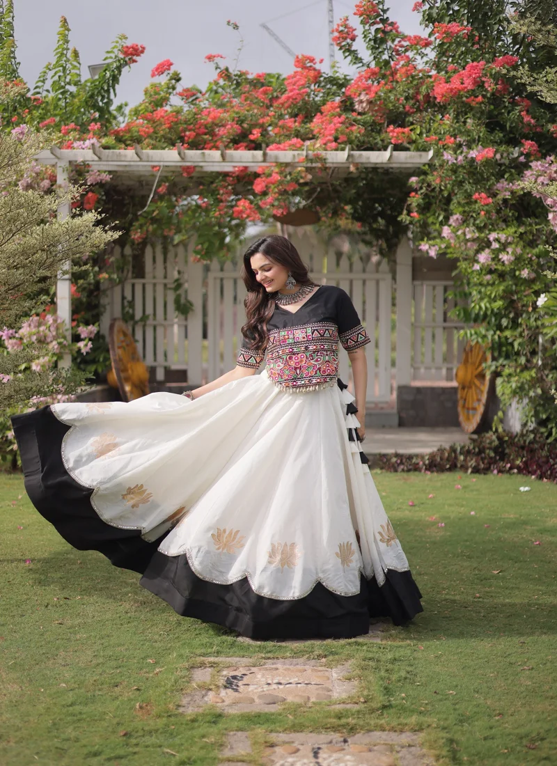 White & Black Roman Silk Lotus flower Gota & Mirror Lace work Navratri Lehenga Choli for Women - 119