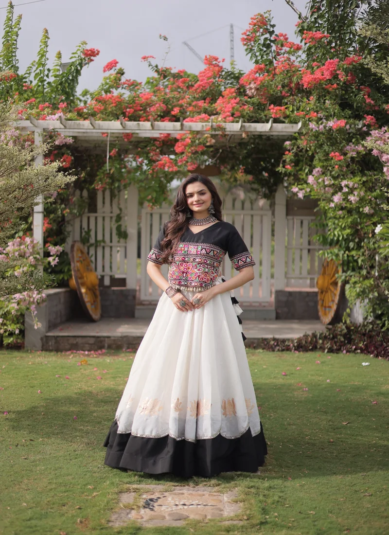 White & Black Roman Silk Lotus flower Gota & Mirror Lace work Navratri Lehenga Choli for Women - 119