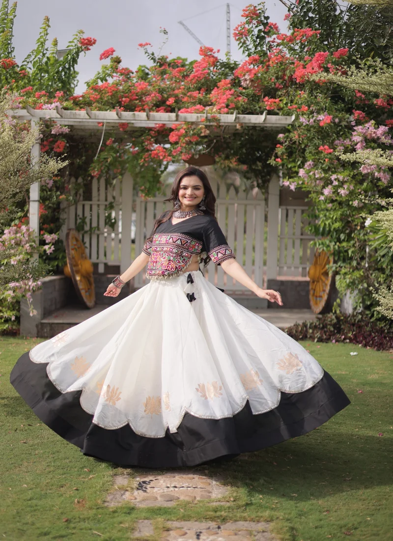 White & Black Roman Silk Lotus flower Gota & Mirror Lace work Navratri Lehenga Choli for Women - 119