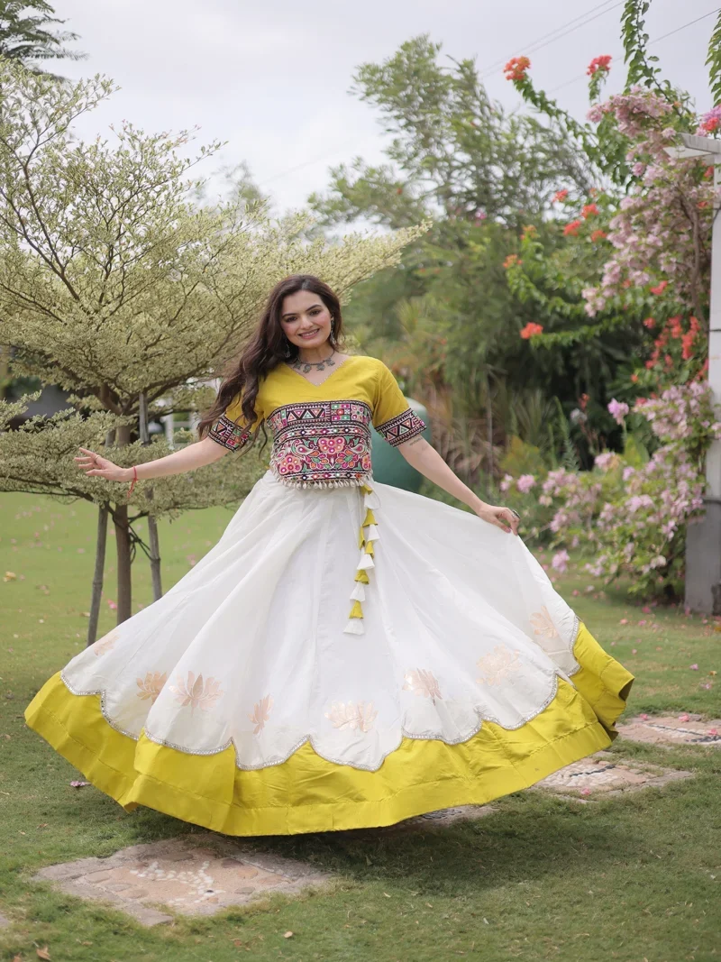 White & Yellow Roman Silk Lotus flower Gota & Mirror Lace work Navratri Lehenga Choli for Women - 120