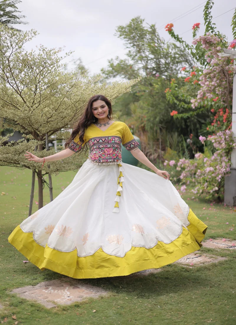 White & Yellow Roman Silk Lotus flower Gota & Mirror Lace work Navratri Lehenga Choli for Women - 120