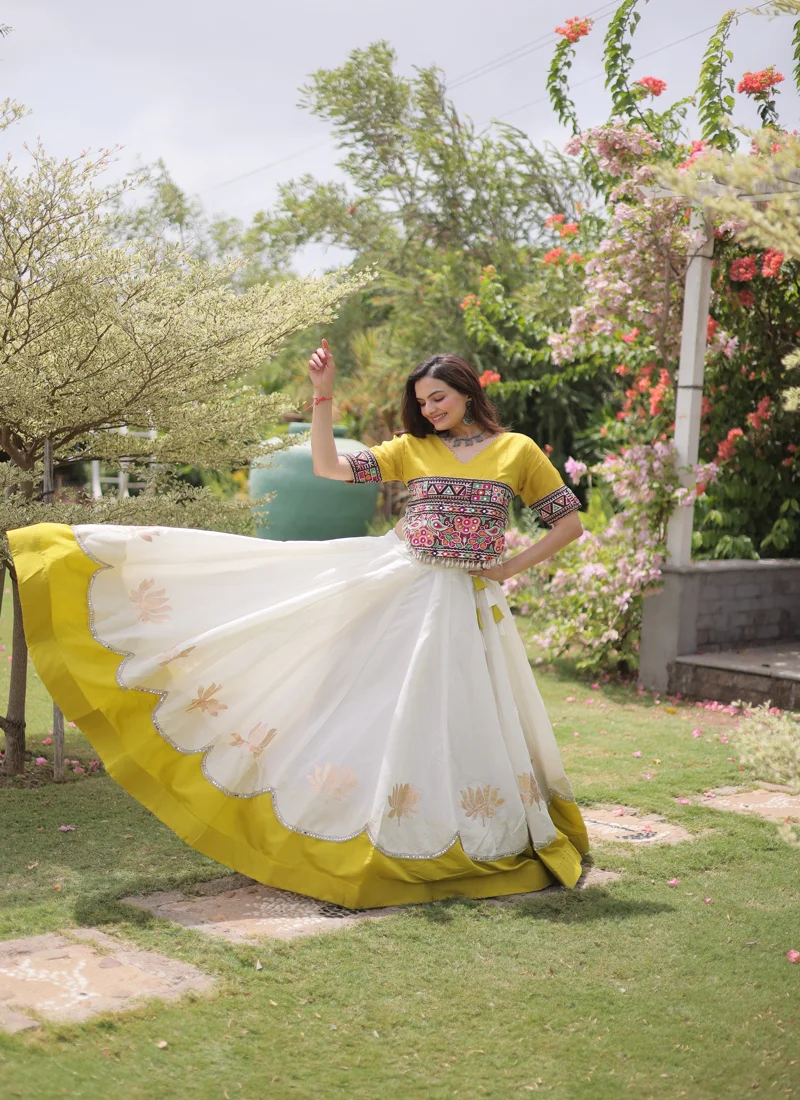 White & Yellow Roman Silk Lotus flower Gota & Mirror Lace work Navratri Lehenga Choli for Women - 120