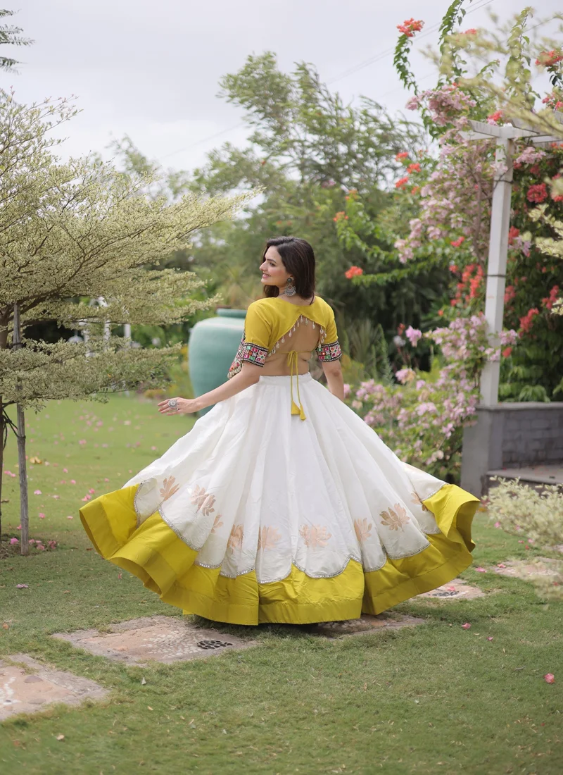 White & Yellow Roman Silk Lotus flower Gota & Mirror Lace work Navratri Lehenga Choli for Women - 120