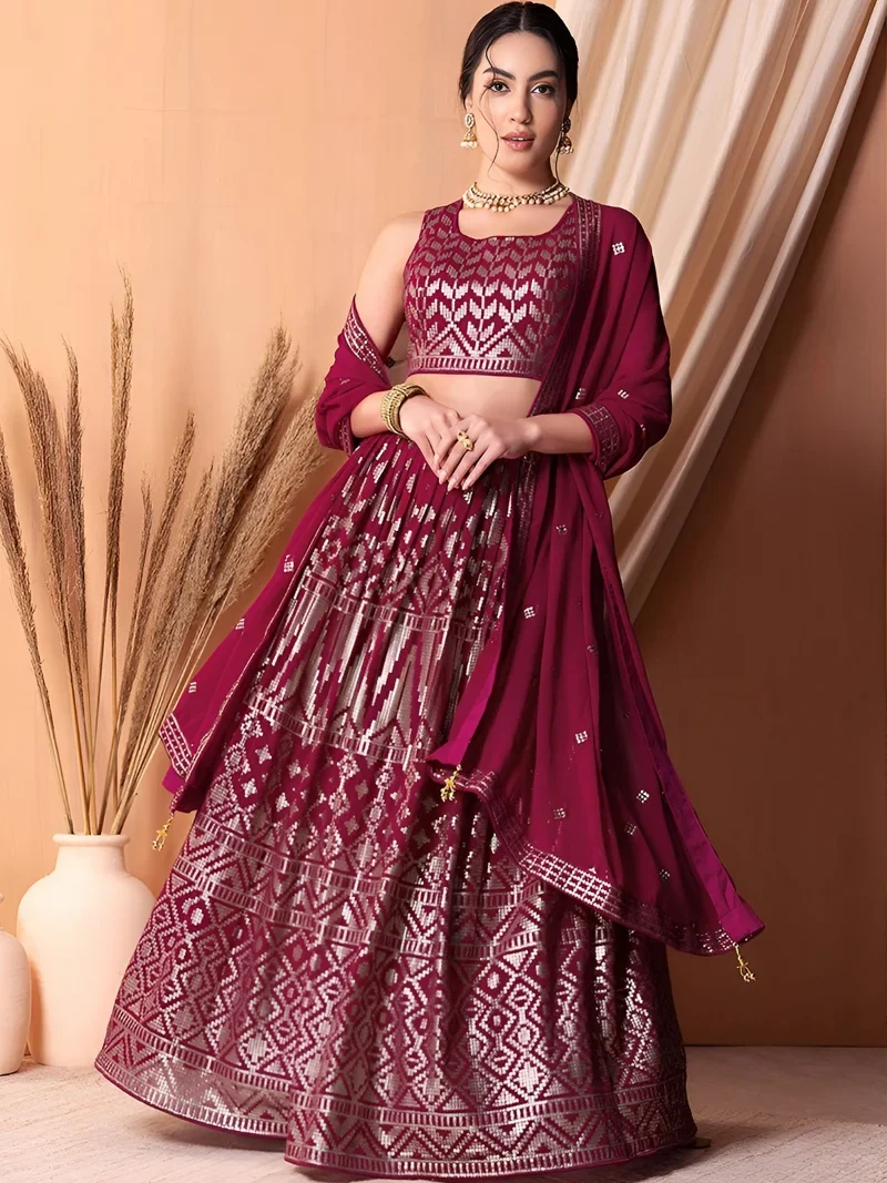 Maroon Georgette Thread & Sequins Embroidery Work Designer Lehenga Choli - 15114-Pink