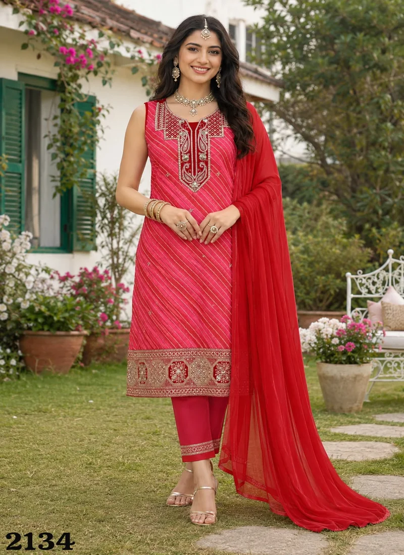 Red • Real premium georgette • Embroidered • Designer Salwar Kameez - 2134 - Image 2