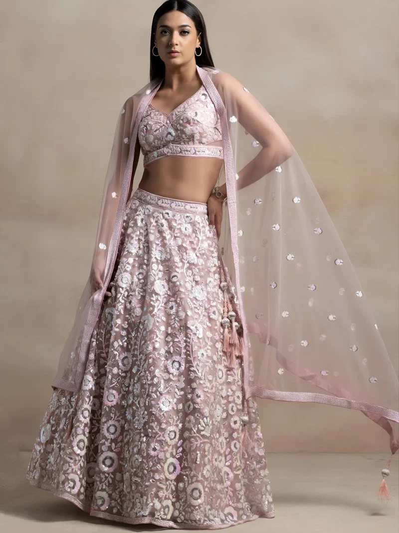 Pink Net Sequins Embroidery Designer Lehenga Choli for Women - 5126-Pink
