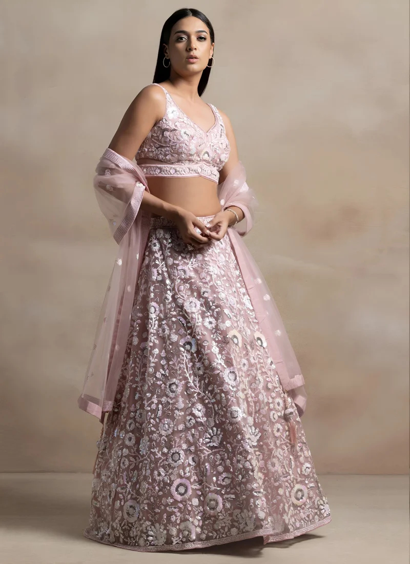 Pink Net Sequins Embroidery Designer Lehenga Choli for Women - 5126-Pink